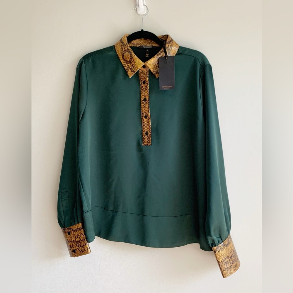 Scotch & Soda Satin Faux Snake Skin Collared Blouse XL NWT Green Yellow